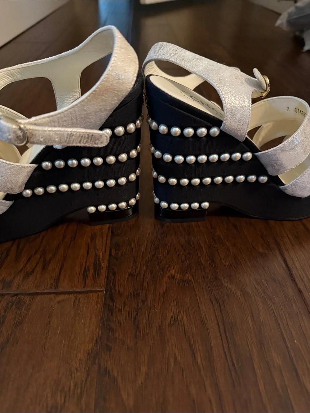CHANEL Black Pearl-Trimmed Strappy Heel Sandals